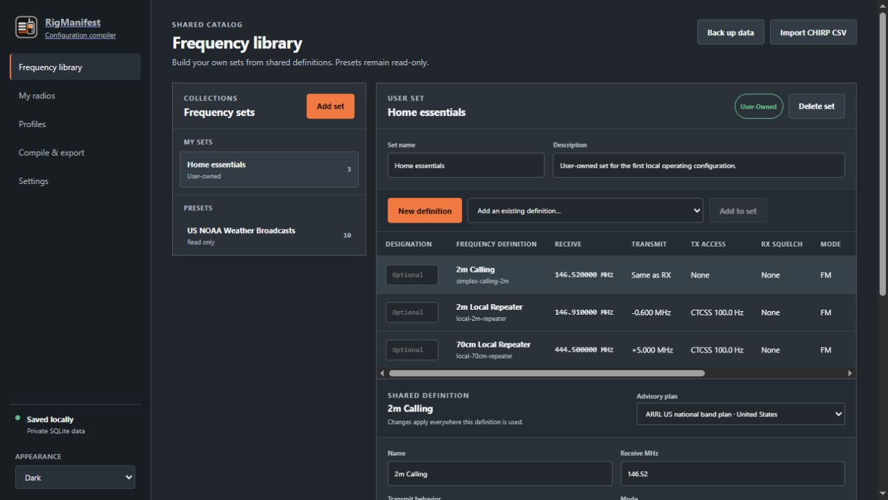 RigManifest frequency library showing a Home essentials set and shared definitions