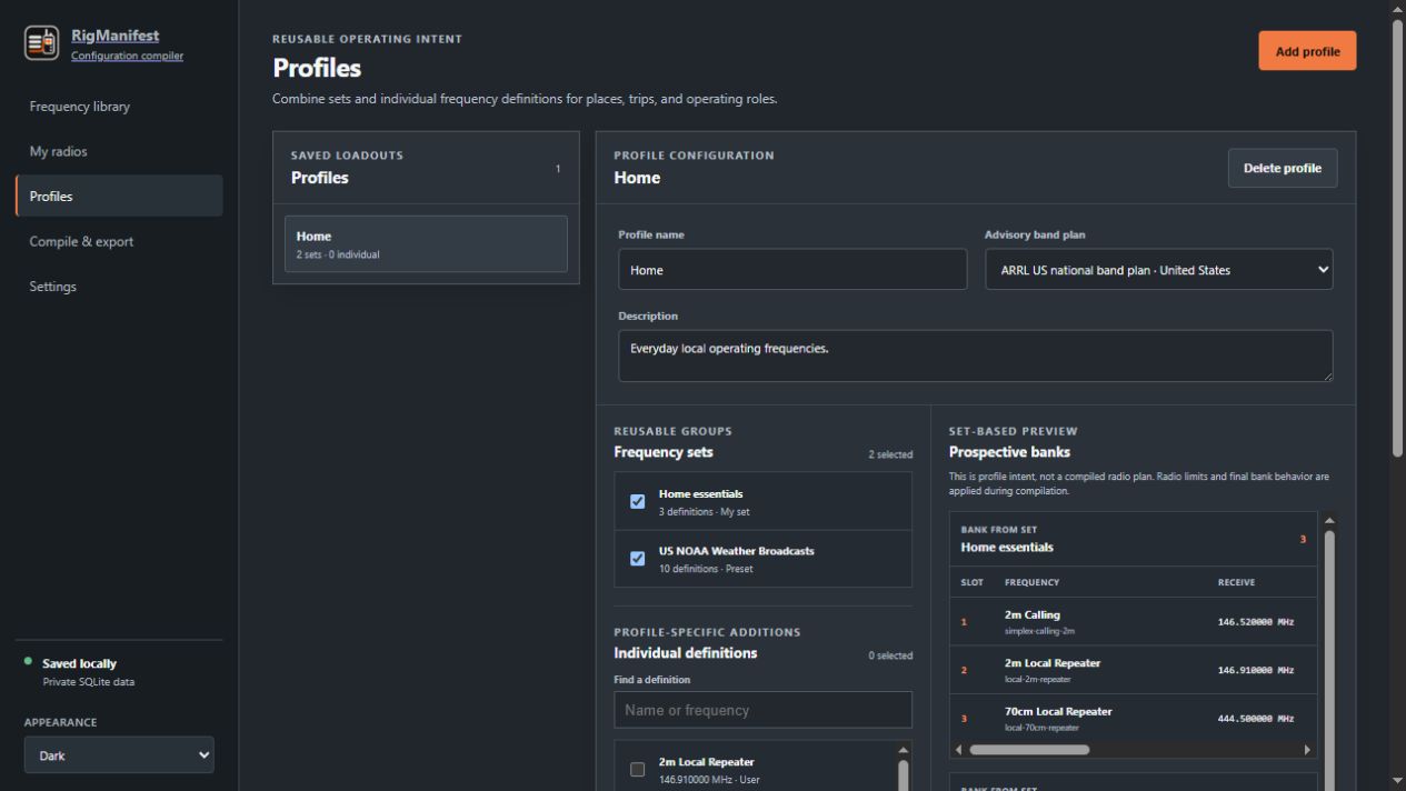 RigManifest profile editor showing selected frequency sets and prospective banks